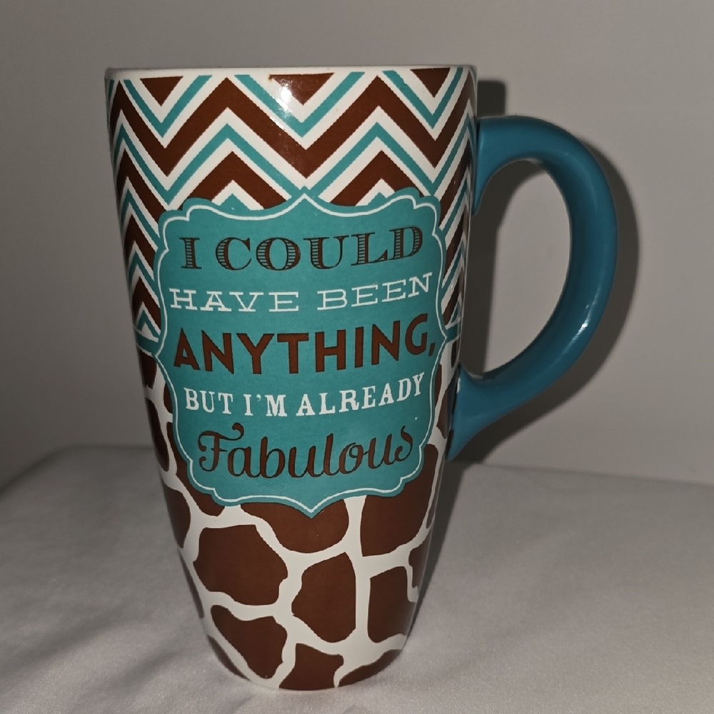 Blue and Brown Ceramic Mug with Chevron and Giraffe Patterns - Picture 1 of 3